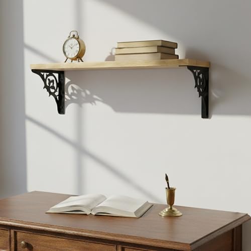Image of Wall Shelf with Wooden Top Black|White Iron Brackets Storage Rack|Industrial Wall-Mounted Floating Shelf for Living Room,Kitchen,Bathroom (Black Single Floral Large)