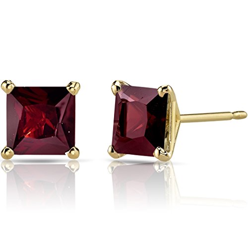 Peora Solid 14K Yellow Gold Garnet Stud Earrings for Women,