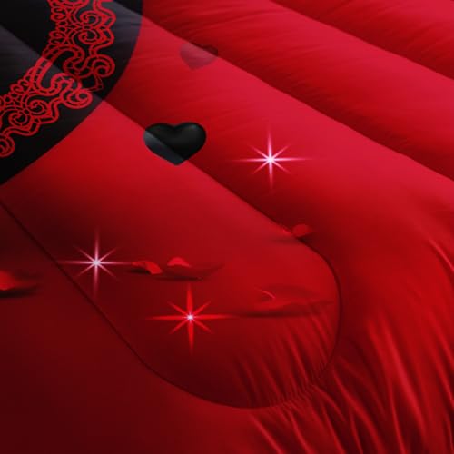 Image of AILONEN Romantic Crown Heart Comforter Full Size with 2 Pillowcases,King and Queen Bedding Set 3Pcs for Women Men,Red and Black Luxury Quilt Set for Home Decor