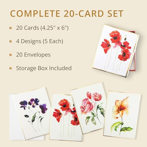 Image of Graphique Watercolor Flowers Greeting Cards | 20 Pack | All Occasion Blank Note Cards with Envelopes | 4 Assorted Floral Designs with Gold Foil Borders | Boxed Set for Personalized Notes | 4.25 inch x 6 inch