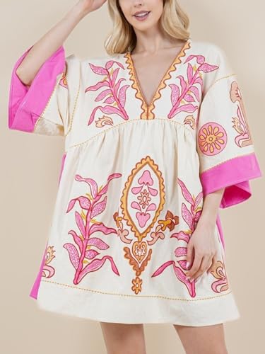Image of Joiemont Womens Oversized Embroidered Dress with V-Neck and 3 /4 Sleeves Vintage Embroidery Babydoll Dress
