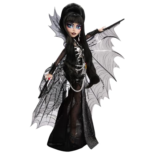 Monster High Elvira Władczyni Ciemności Lalka kolekcjonerska w czarnej sukience ze sztucznej skóry i srebrzystej pelerynie inspirowanej skrzydłami nietoperza, zabawka lalka kolekcjonerska, HYV99