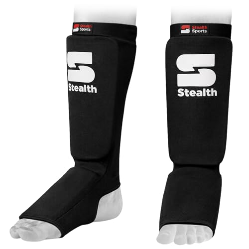 Stealth Sports Boxing Shin Guard – Professional Muay Thai Shin Guards – 12mm Thick Leg & Foot Shin Instep Guard – Protective Sparring Gear for MMA, Taekwondo, Karate, Kickboxing, Men & Women (S)