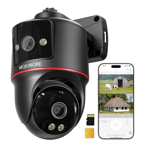 4G LTE Cellular Security Cameras, Dual Lens Security Camera, 2K No WiFi Security Camera Outdoor, Auto-Tracking/ Push Notification, 360° Live View, Color Night Vision, Built-in SIM Card/ 64GB SD Card