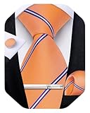 DiBanGu Mens Tie Silk Plaid Striped Necktie and Pocket Square Cufflinks Tie Clip Set with Gift Box Formal Wedding Party, Light Orange
