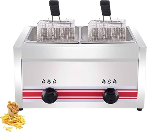 KJZQXYX Freidora de Gas Comercial, freidora de Gas Profunda de encimera de Acero Inoxidable con cestas Dobles para restaurantes en casa, Utilizada para alitas de Pollo, fritura de Papas (20L)