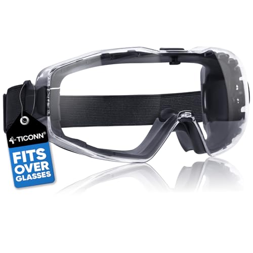 TICONN Anti-Fog Safety Goggles, Adjustable Safety Goggles Over Glasses, ANSI Z87.1 UV385 Eye Protection Glasses for Adults