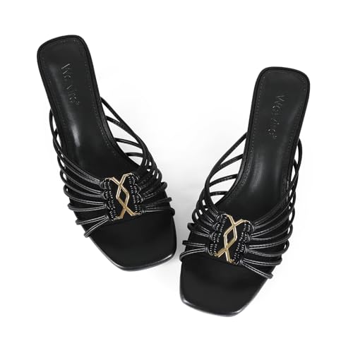Wetviro Womens 2.2 IN Kitten Heel Sandals Square Open Toe Black Strappy Slip On Mules Slides Dressy Low Heeled Sandals for Women