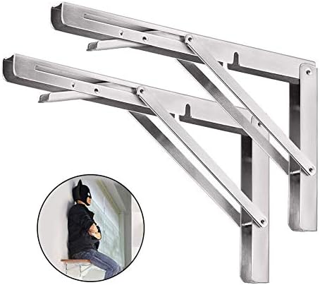 Folding Shelf Brackets 20 Inch, 2pcs Heavy Duty Stainless Steel Collapsible Shelf Bracket Wall Mounted DIY Triangle Brackets for Table Work Bench, Space Saving Max Load 500 lb