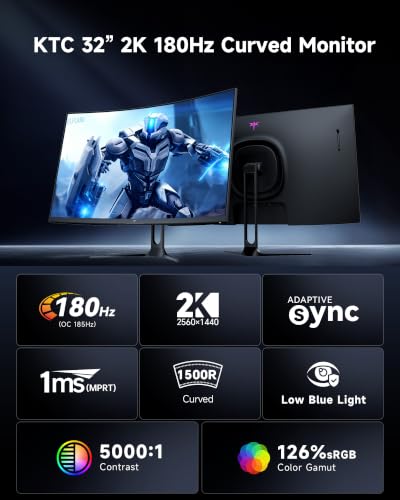 Image of KTC 32 Inch Curved Gaming Monitor, QHD 2560x1440 180Hz Curve Monitors 1500R, Up to 185Hz, 1MS w /Adaptive Sync, 5000:1, HDMI Displayport, Tiltable, Eye Care, Vesa Mount H32S5