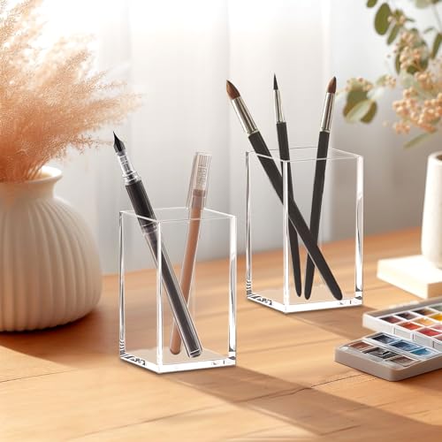 Image of Amazing Abby - Penelope - 2-Pack Pen Holder, Acrylic Pen Holder, Clear Plastic Organizer for Office Supplies, Perfect Office Desktop Storage Solution for Pencils, Pens, Markers, Scissors, and More
