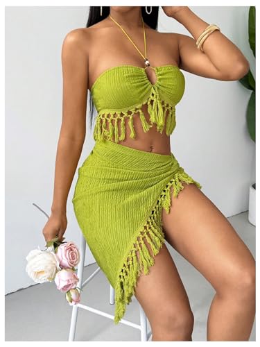 SHENHE Women's Fringe 2 Piece Vacation Outfits Halter Crop Top and Twisted Slit Skirt Set4