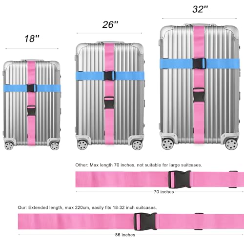 4 Pack Luggage Straps for suitcases-4 pcs Extra Long Suitcase Straps TSA Approved Luggage Belt, Adjustable Travel Belt for Luggage for 20'' - 32'' Suitcases (Orange Blue Green Pink)