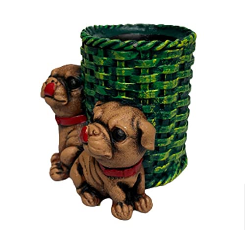 Image of AUGEN Pen Stand Decorative Hand Painted Two Puppy, Dog Design Stationery Holder | Gift Item | Table Top Decor (1050)