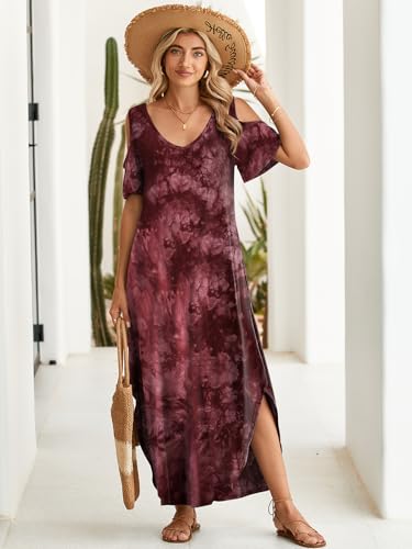 Image of BELAROI Womens Cold Shoulder Maxi Dress Plus Size V Neck Summer Sundresses with Pockets Beach Coverup Vacation Outfits