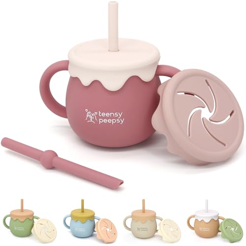 Image of teensy peepsy Honey Pot 2-in-1 Silicone Training Cup 8.5oz, Baby Sippy Cup with Straw & Snack Cup for 6 months+ Straw Cup for Baby Girl Gift, Toddler Smoothie Cup (Pretty in Pink)