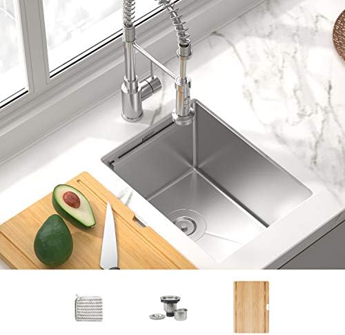 KORVOS Bar Sink, Kitchen Sink 14’’x19’’ Workstation Ledge, Handmade 16 Gauge SUS304 Stainless Steel Undermount Single Bowl Kitchen Sink with Bamboo Cutting Board