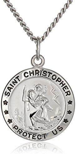 Amazon Collection Sterling Silver Round Saint Christopher Medal with Stainless Steel Chain, 20"