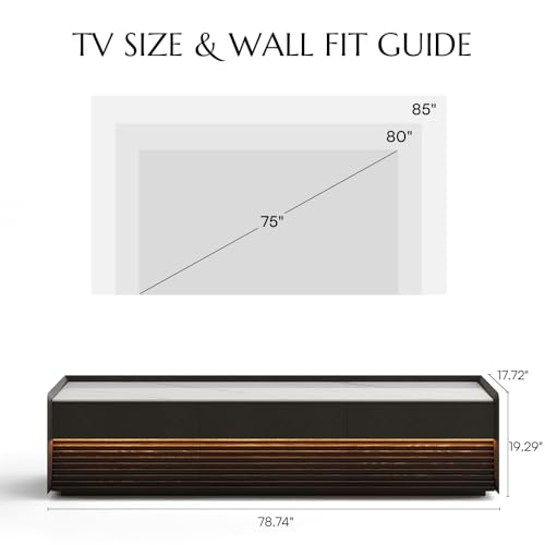 Image of POVISON Fully-Assembled Mid Century Glossy Sintered Stone TV Stand, 78.74 inch Wood Media Console with Adjustable LED Light, Entertainment Center with Storage for Living Room
