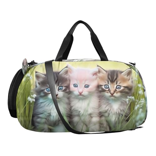 YETTASBIN Sport Travel Duffel Bag for Girls Boys, Cute Kittens Large Waterproof Weekender Overnight Bag, Detachable Shoulder Strap Gym Bag with Shoe Compartment & Wet Pocket2
