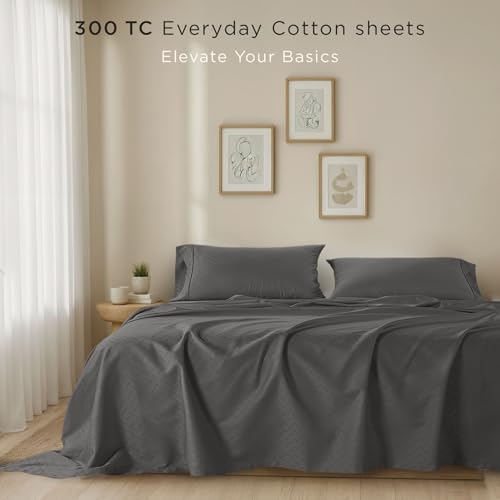 Threadmill Cotton Queen Sheet Set | 100% Cotton Sheets for Queen Size Bed | Damask Jacquard Queen Bed Sheets Set with 16” Deep Pocket | Soft Sateen Weave 4-Piece Cooling Bedding Set | Dark Grey