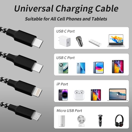 Image of USB C Multi Charging Cable [2Pack 4FT], 3 in 1 Charging Cable Nylon Braided Multiple Charger Cord, Travel Charger with Type-C, Micro USB and IP Port for iPhone 17 /16 /15 Series /Cell Phones and More