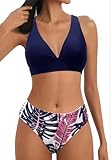 Mujer Traje de Baño de Dos Piezas Push-up Cuello en V Bañador Cintura Media Correas Laterales del Bikini Set Estampado Ropa de Playa Traje de Baño(Azul Marino/Hoja,L)