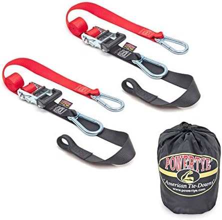PowerTye 1.5in x 6.5ft Heavy Duty Ratchet Tie-Down Straps with Soft-Tye, Carabiner Hooks - 1,000 lb Working Load Limit / 3,000 lb Breaking Strength - Made in USA - Red/Black Pair + Storage Bag