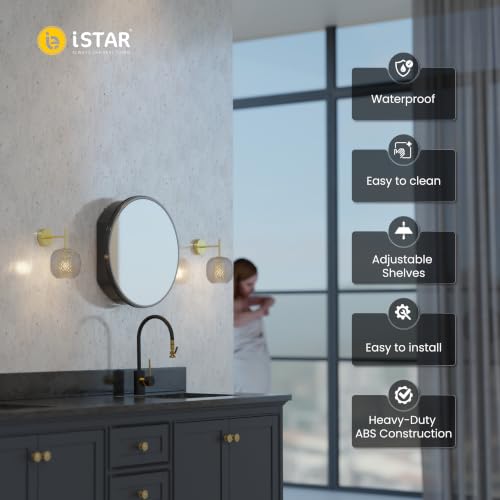 Image of iSTAR Round Wall Mirror with Storage Shelf | Bathroom Vanity Cabinet with Hidden Storage Cabinet | Wall Mounted, Bathroom, Bedroom, Living Room