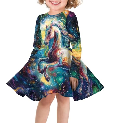 Horse Shirt Dress Trendy Long Sleeve Dresses for Kids Girl Midi A Line Twirly Skater Play Dresses 4-14T3