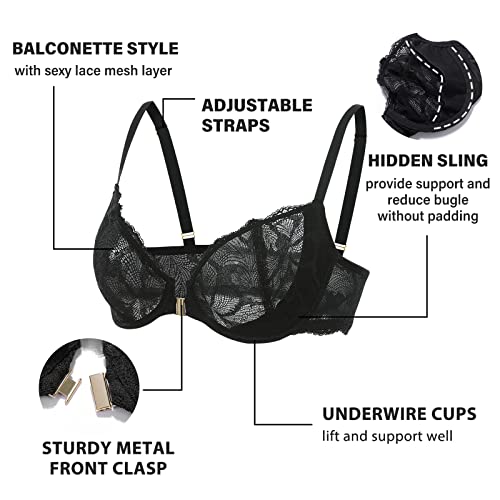 Delimira Women's Balconette Push Up Bra Front Closure Lace Sexy Underwire Bras Black 42C #TOP1