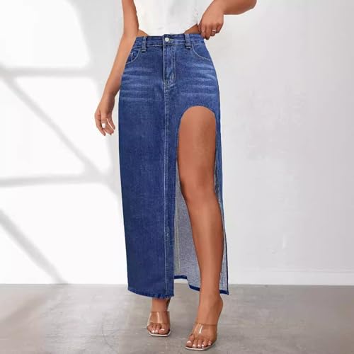 High Waist Long Skirt Button Zipper Denim Women Maxi Side Slit4