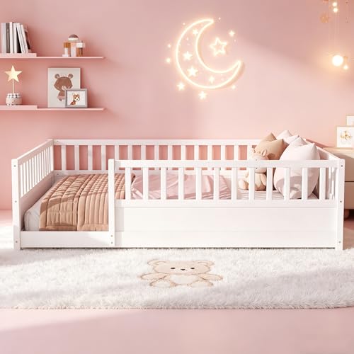 Image of Bellemave Queen Size Kids Montessori Floor Bed,Solid Wood Floor Bed Frame with High Fence and Door for Kids,Girls,Boys,White
