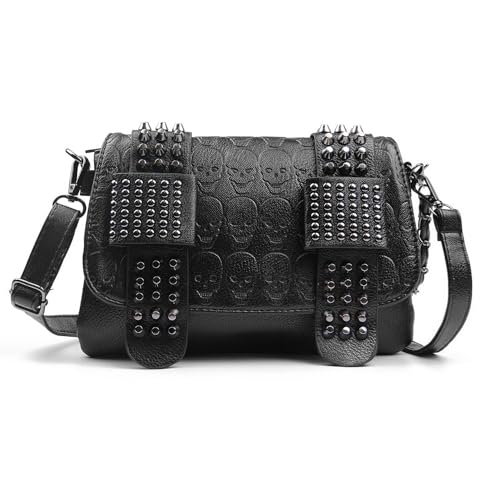 EVEOUT Bolsa de tiracolo estampada de caveiras punk para mulher mala de ombro de caveira gótica de couro com corrente carteira longa, Schädel Crossbody Umhängetasche - A, Talla única, Gótico