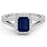 1.00 Carat Emerald Cut Blue Sapphire & White Diamond Split Shank Halo Engagement Ring For Women, 14K White Gold Plated 925 Silver September Birthstone Sapphire Bridal Side Stone Ring