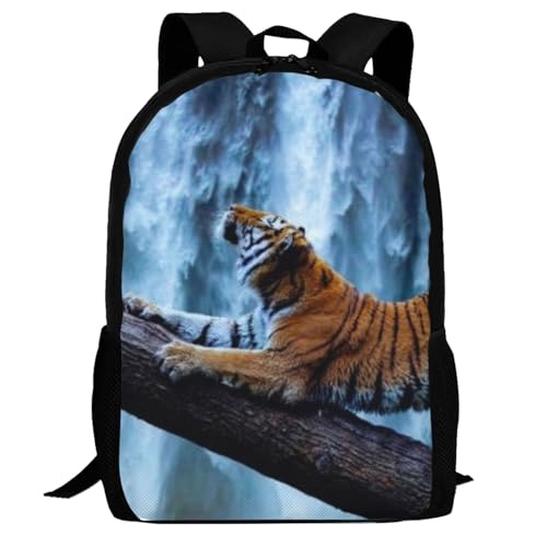 17 Inch Backpack for Majestic Tiger Relaxing at A Beautiful Waterfall Lightweight Adjustable Animal Backpacks with Mesh Side Pockets for Travel Outdoor Sports