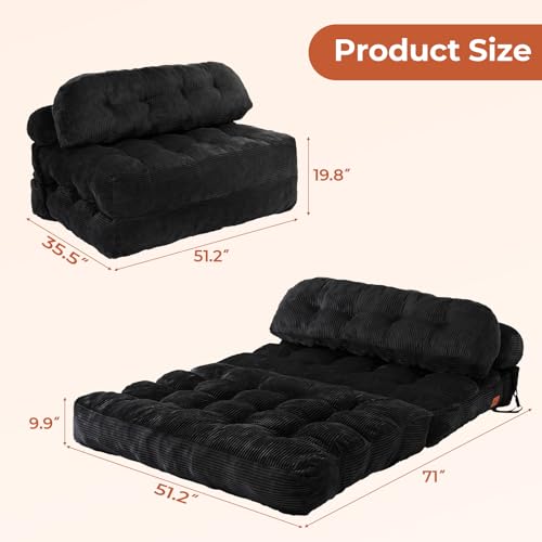 Image of Folding Sofa Bed, Convertible Sleeper Chair with Back Support and Pillow | Boneless Matress, for Living Room /Guest Use /Home Office, Foldable Chair Bed for Adults, Black, Full