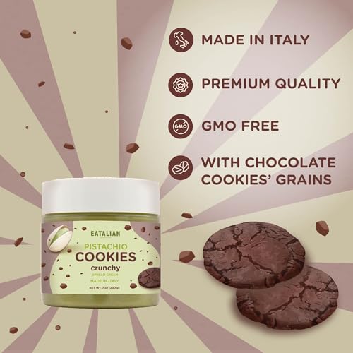 Image of EATALIAN by AMZ BETTER Pistachio Cream with Sweet Crunchy Cookies, 7 oz /200 gr, Delicious Spread with a Uniquely Sweet Taste, Ideal on Bread, Excellent for Dubai Chocolate, Made in Italy