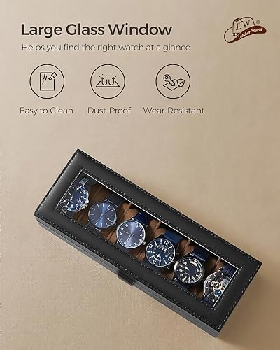 Leather World Watch Box Holder Organizer Case in 6 Slots of Watches for Men and Women with Transparent Display (Black) - Image 3