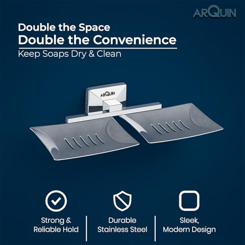 Image of ARQUIN ARQUIN Twin Soap Dish For Bathroom | Dual Soap Tray Holder Bathroom Accessories Set | 304 Grade Stainless Steel Dual Soap Dish | Soap Stand Drainage Slots Soap Stand for Washbasin Vento(Chrome)