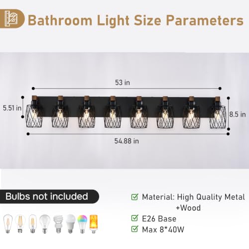 Image of RVONOW 8-Light Farmhouse Bathroom Light Fixtures with Metal Shade | Rustic Bathroom Vanity Light with E26 Base for Bedroom Living Room Hallway, Black