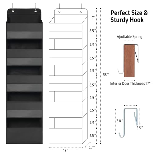 Over Door Organizer with 5 Large Pockets, Heavy Duty Hanging Organizer Storage, Closet Bathroom Nursery Bedroom Dorm, Toys Cosmetics Sundries and Baby Essentials, Black - Image 3