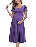 Ruffle Short Sleeve Maternity Dress High Waisted Midi Spring Baby Shower Dresses Purple S