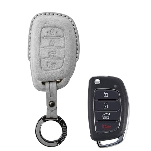 Image of KMH Alcantara Car Key Cover Compatible with Hyundai Alcazar Creta 2022 Venue i20 Tucson Elantra Smart keycover with Keychain 4 Button Shell Case Key Smart Keycover with Keychain (D2) Grey - Pack of 1