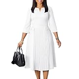 White Work Midi Dress for Women 3/4 Sleeve Vintage Ruffle A-line Pleated Dress Elegant Church Dress V Neck Business Casual Outfits