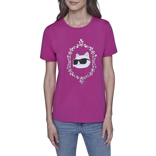 KARL LAGERFELD Paris Women's Short Sleeve Trendy Bling Logo Choupette T-Shirt, Bright Jewel Pink, Small