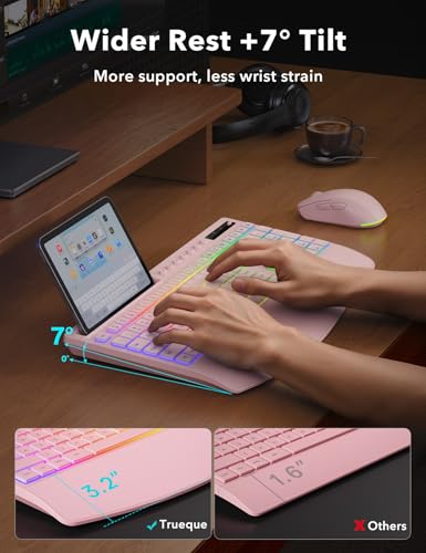 Image of Trueque Wireless Keyboard and Mouse Combo, 4000mAh Rechargeable Backlit Keyboard with Wrist Rest & Phone Holder, Full Size Quiet Typing 2.4G USB-A /Type-C for PC Laptop Windows Mac (Pink)