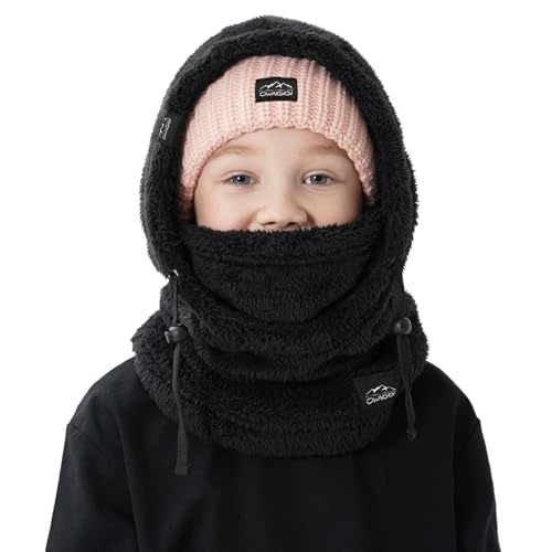 OWNGIGI - OWNGIGI Balaclava Ski Mask for Kids, Winter Windproof Face Mask for Cold Weather, Fleece Hooded Scarf Head Cover Neck Warmer, Black, Medium