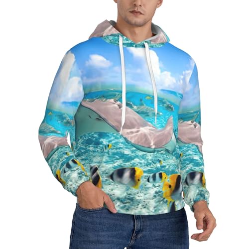 Sweat à capuche homme imprimé poissons colorés : sweat-shirt polyester décontracté