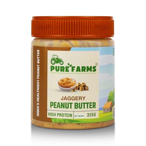 PURE FARMS Organic Jaggery Peanut Butter, 325gm Pack, Naturally Sweetened Peanut Butter | Organic Snacks, Healthy Sweeteners, Protein & Fiber